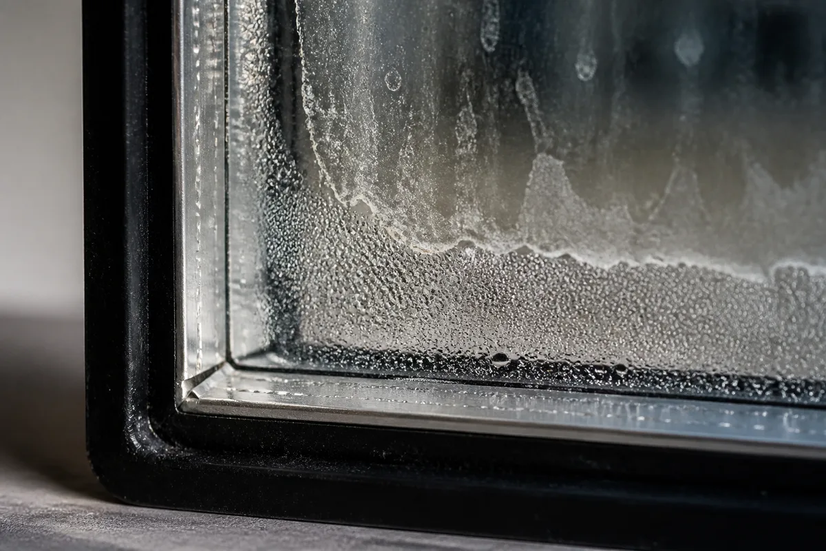 Fenêtre à double vitrage présentant un voile de condensation piégé entre les deux verres, avec traces d&rsquo;auréoles blanchâtres