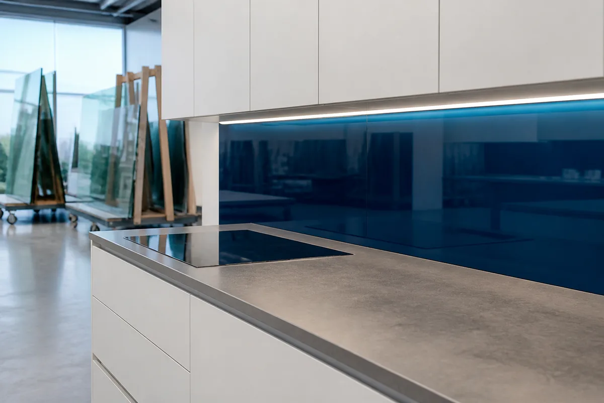 Crédence en verre laqué installée entre un plan de travail et des meubles hauts