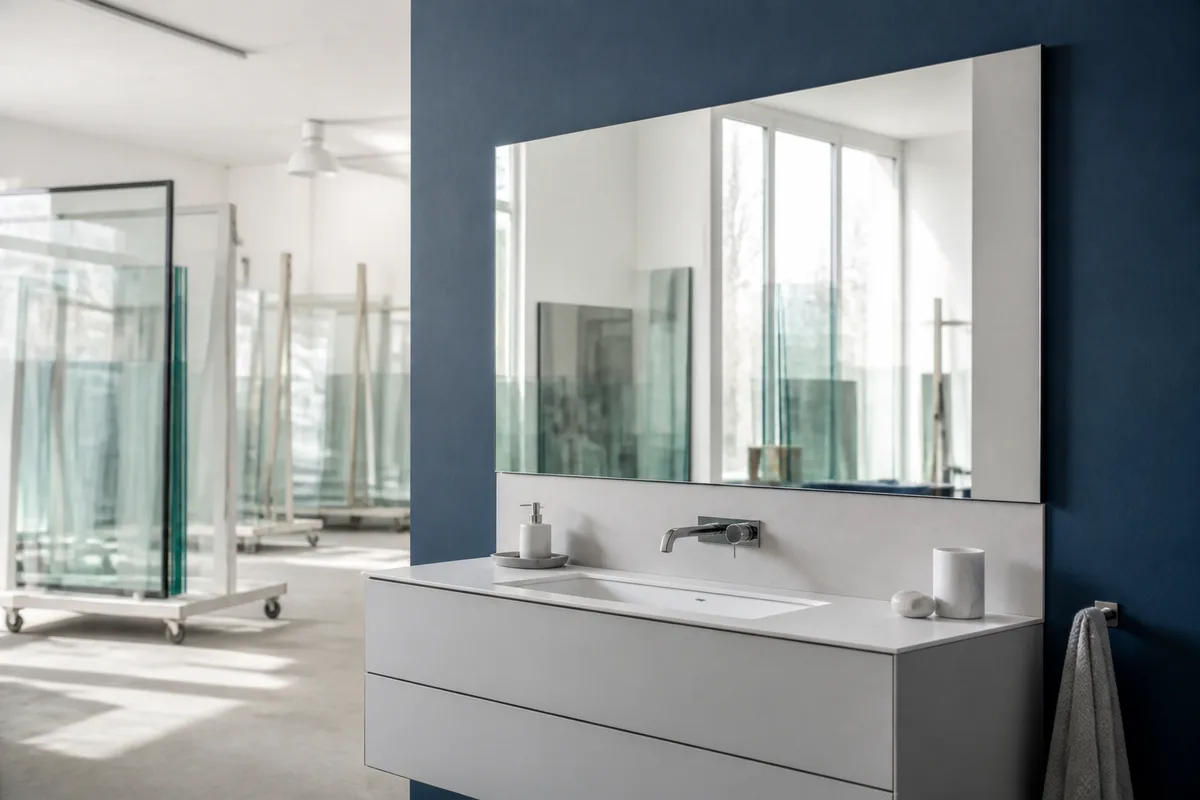 Miroir mural sur mesure fixé au-dessus d&rsquo;un meuble de salle de bains