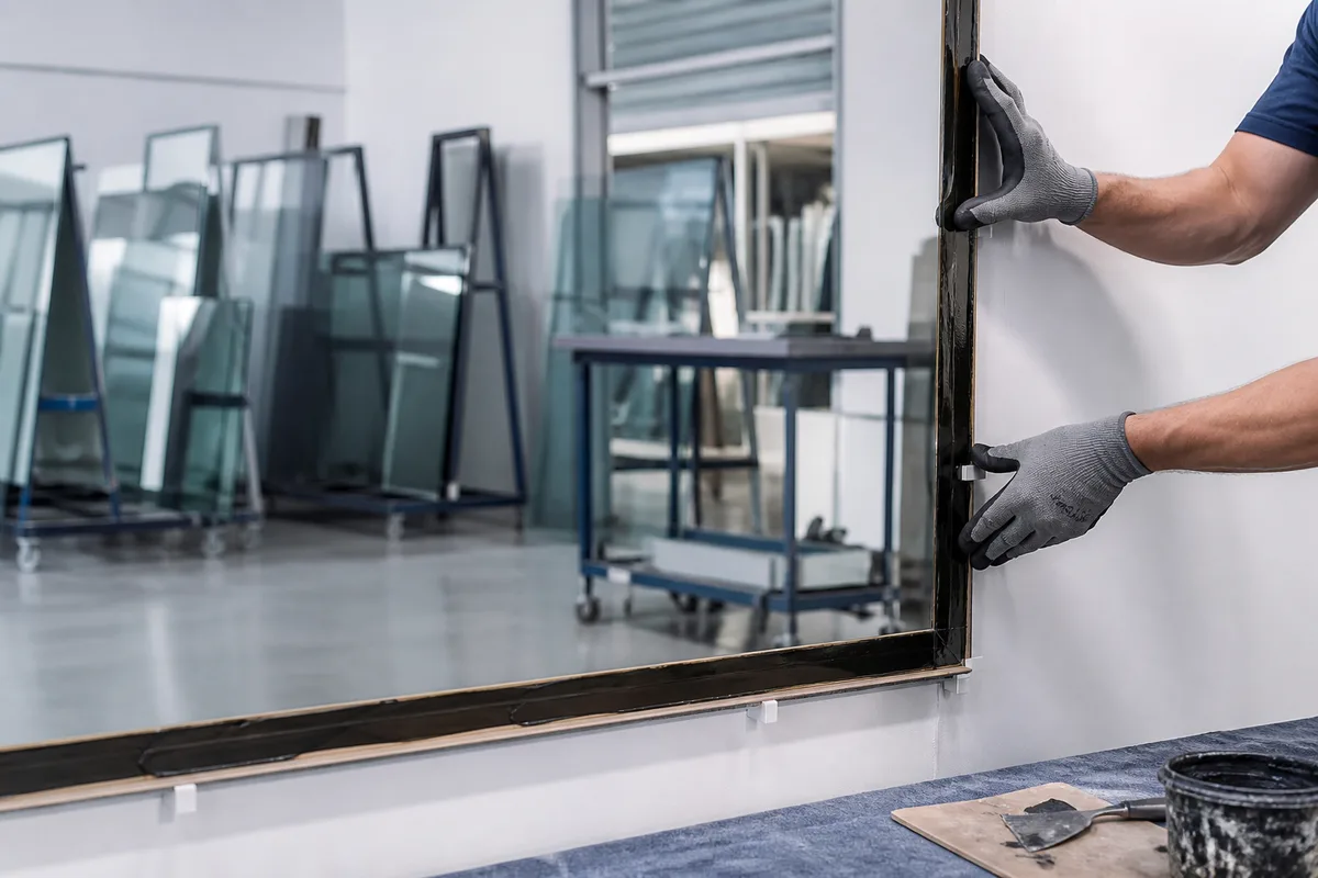 Pose d&rsquo;un grand miroir mural au mastic de miroiterie avec des cales d&rsquo;assise