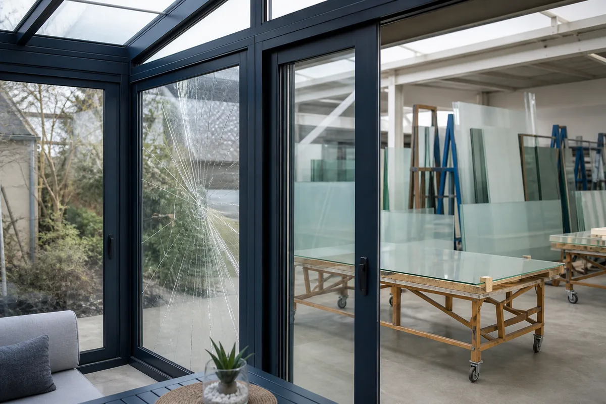 Véranda en aluminium vue de l&rsquo;intérieur avec un panneau vitré fissuré