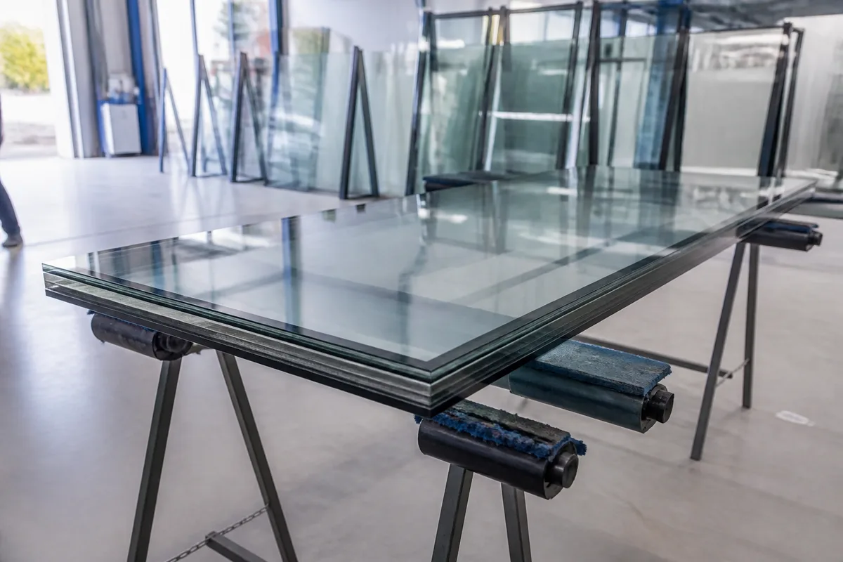 Panneau de verre feuilleté déposé sur tréteaux avant pose en toiture de véranda