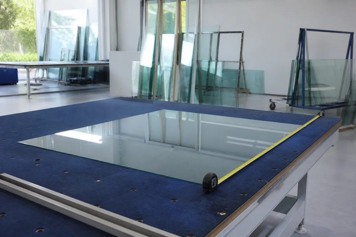 Table de découpe d’atelier avec une feuille de verre mesurée au mètre ruban