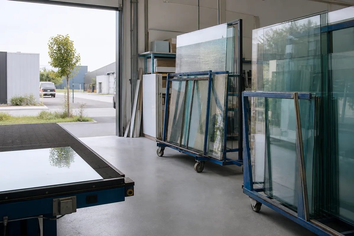 Zone d&rsquo;activité de banlieue avec un atelier de découpe de verre et des chevalets de transport