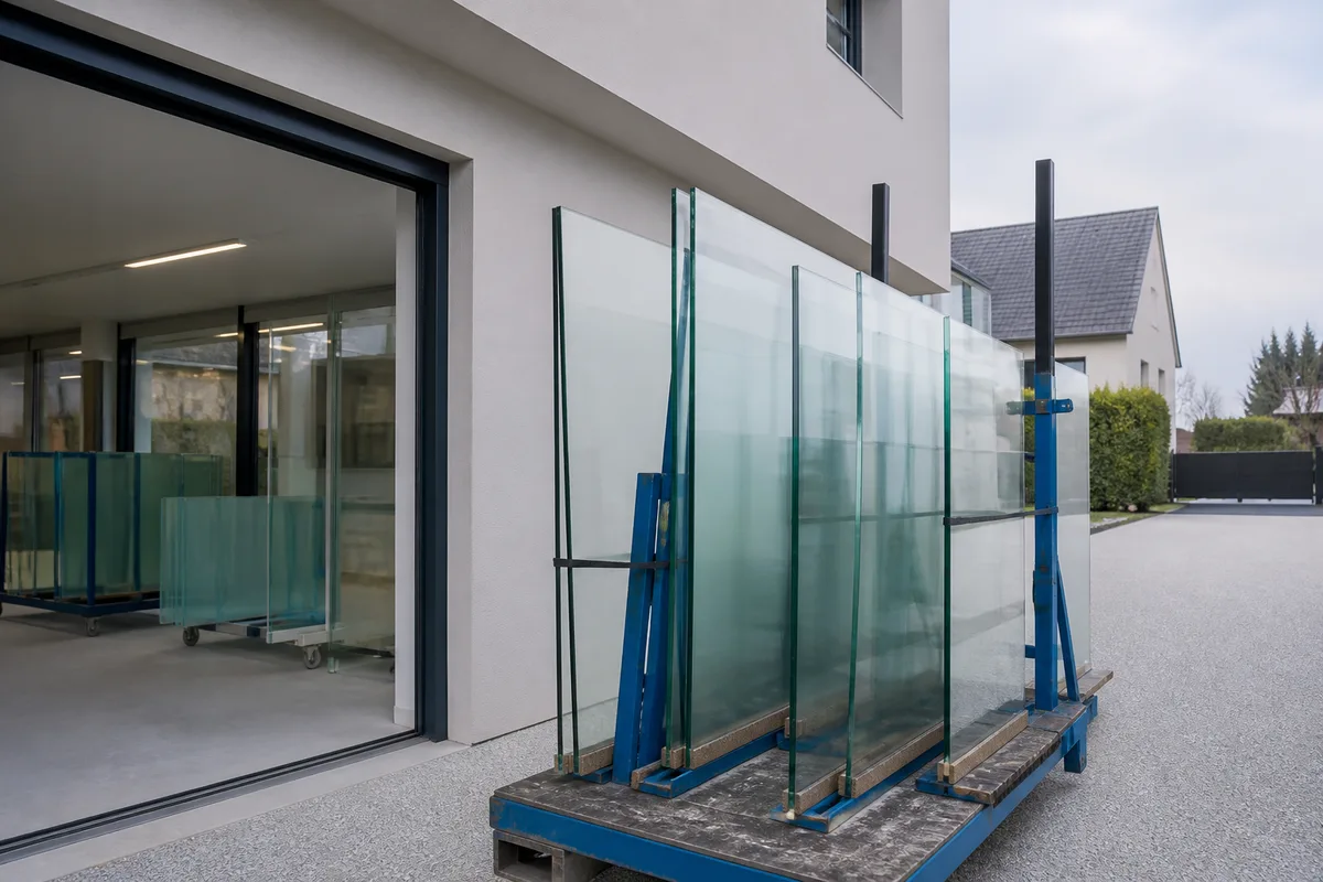 Feuilles de verre sur mesure rangées sur un chevalet de livraison devant un pavillon